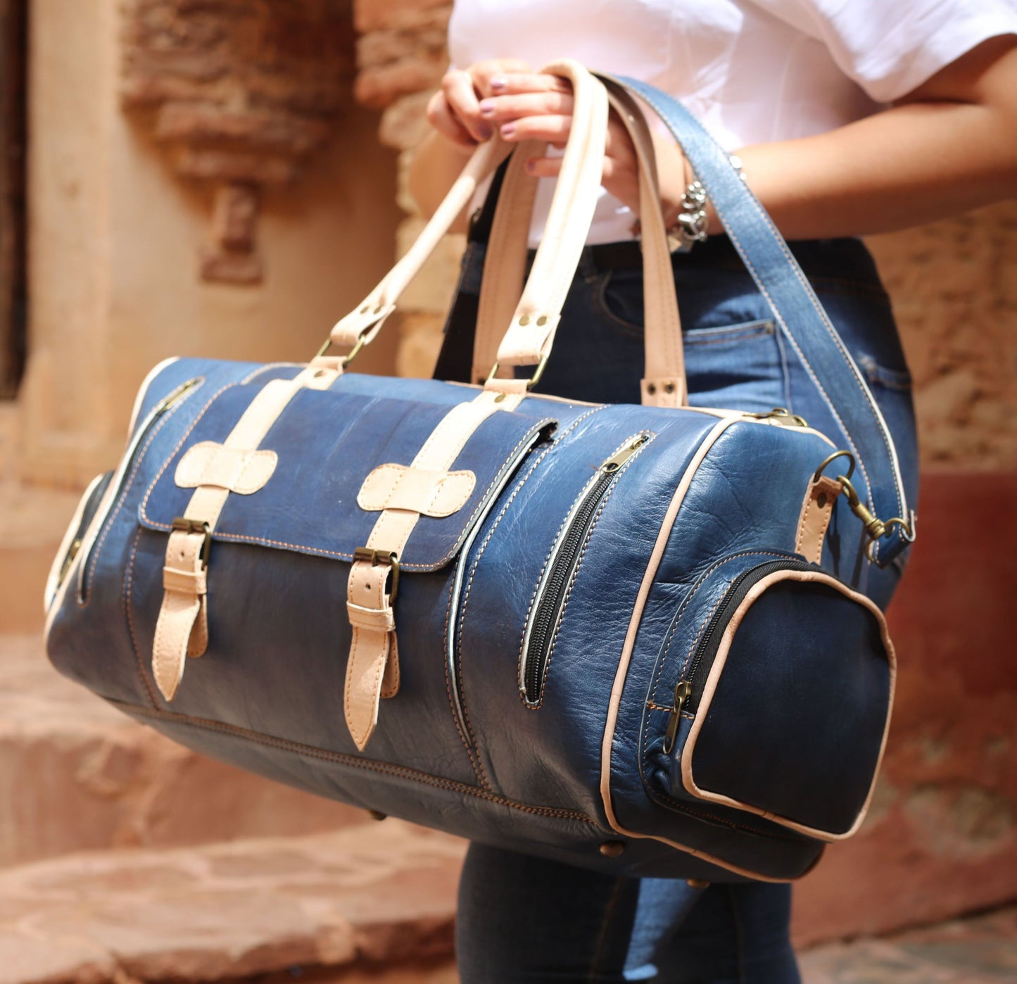 Blue Leather Travel Bag