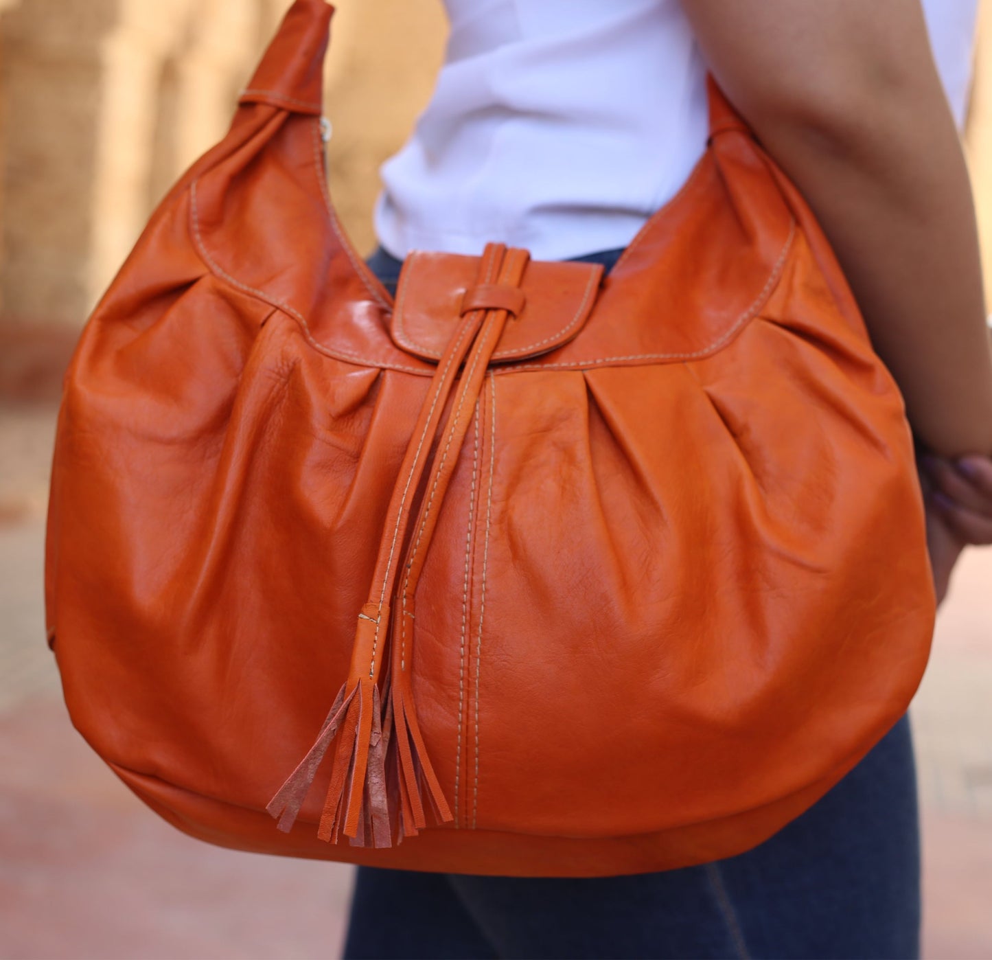 Cognac Leather Hobo Bag