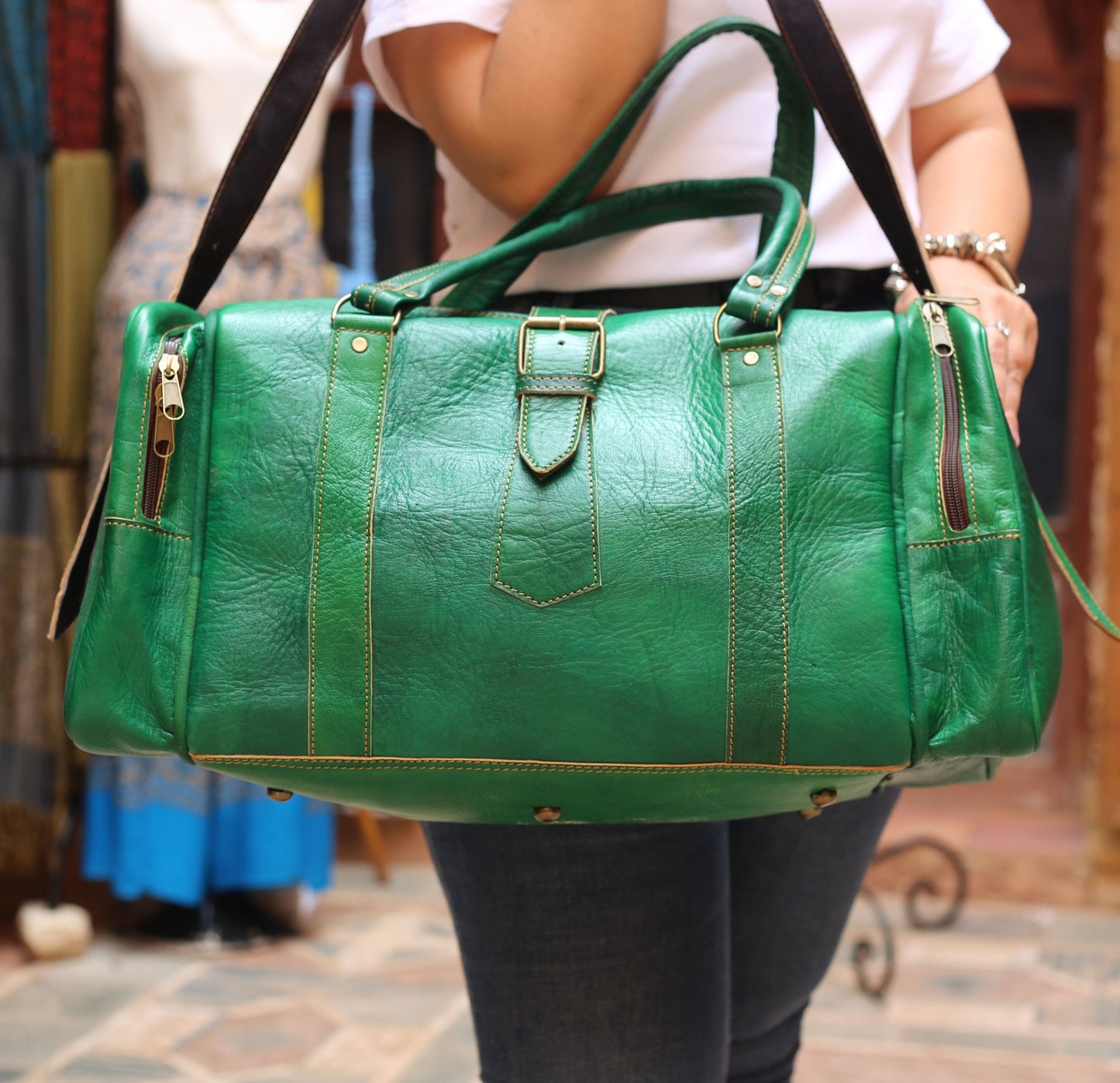 Emerald Green Leather Travel Bag