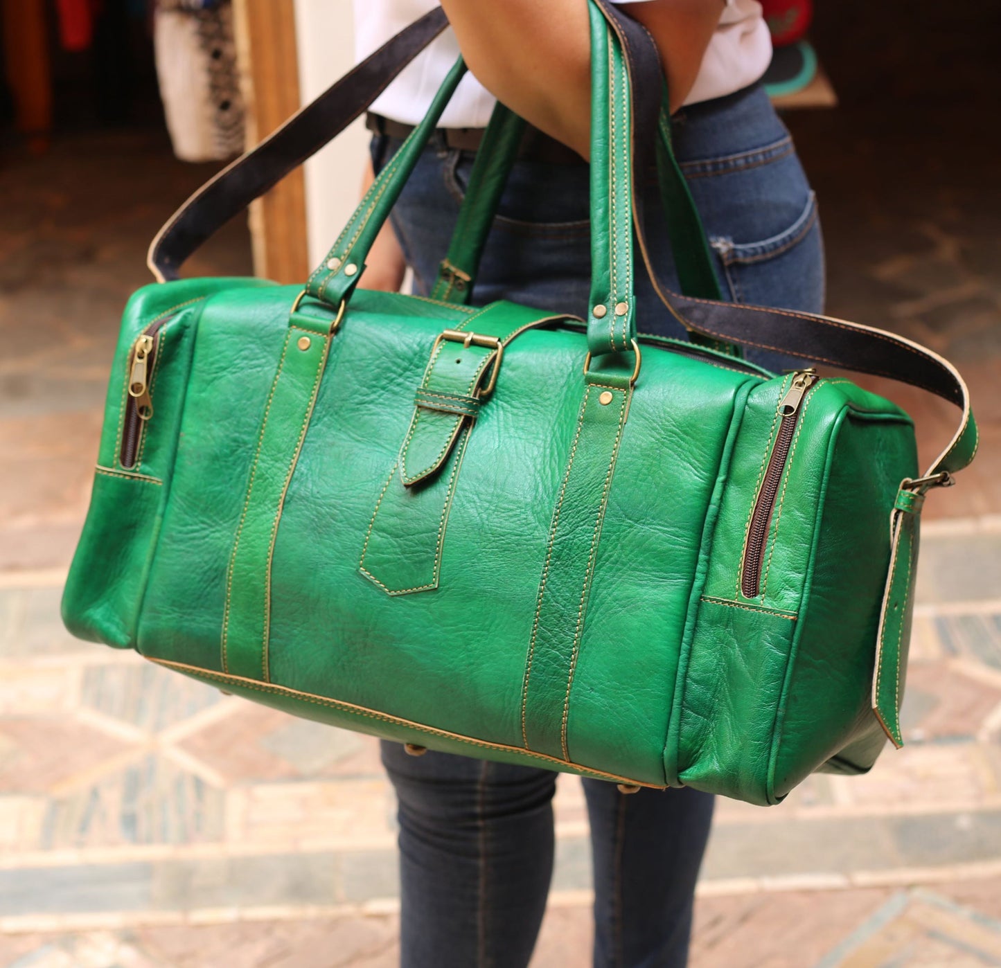 Emerald Green Leather Travel Bag