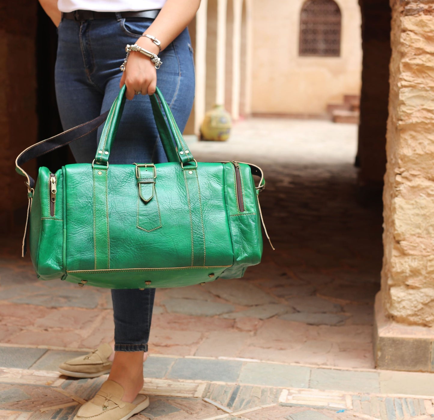 Emerald Green Leather Travel Bag