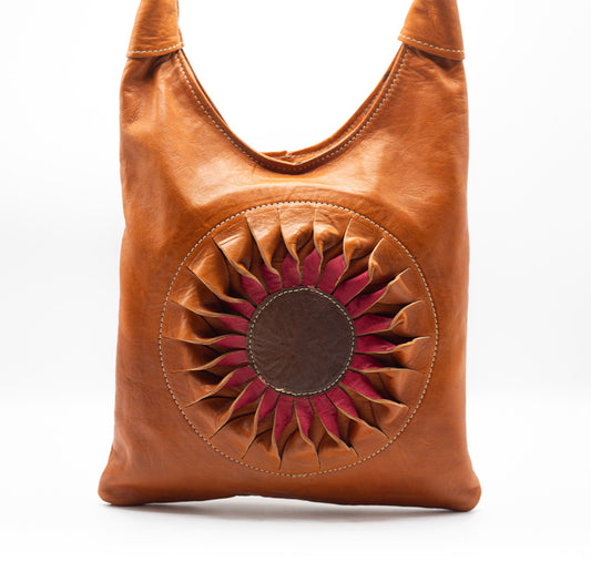 Cognac Shoulder Bag with Rose Sunburst Design