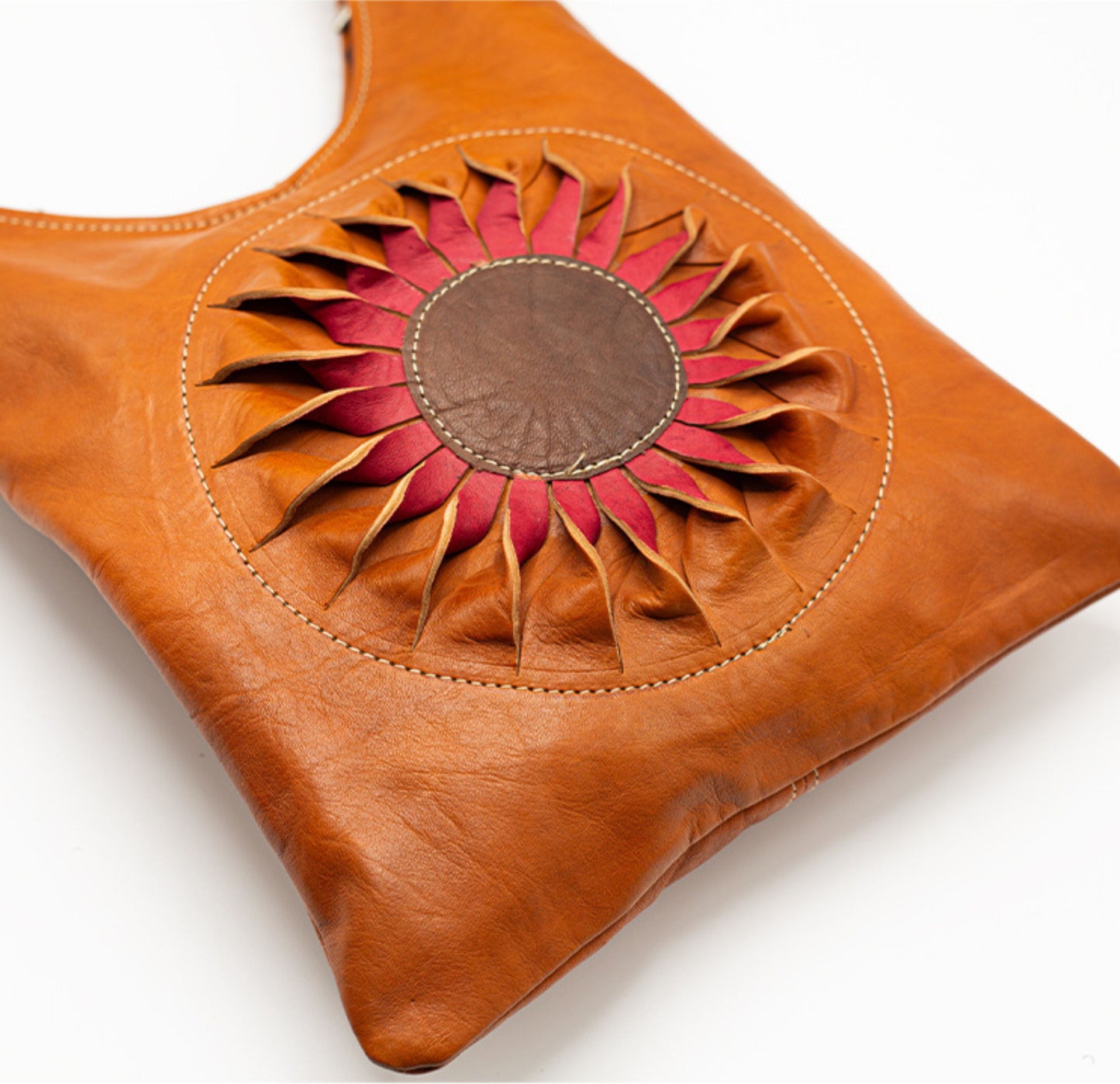 Cognac Shoulder Bag with Rose Sunburst Design