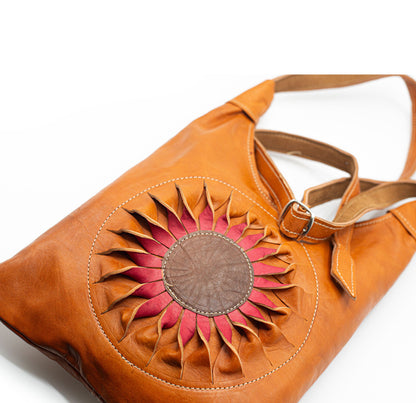 Cognac Shoulder Bag with Rose Sunburst Design