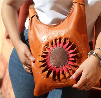 Cognac Shoulder Bag with Rose Sunburst Design