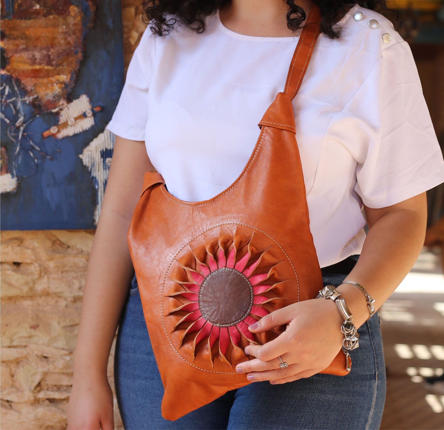 Cognac Shoulder Bag with Rose Sunburst Design