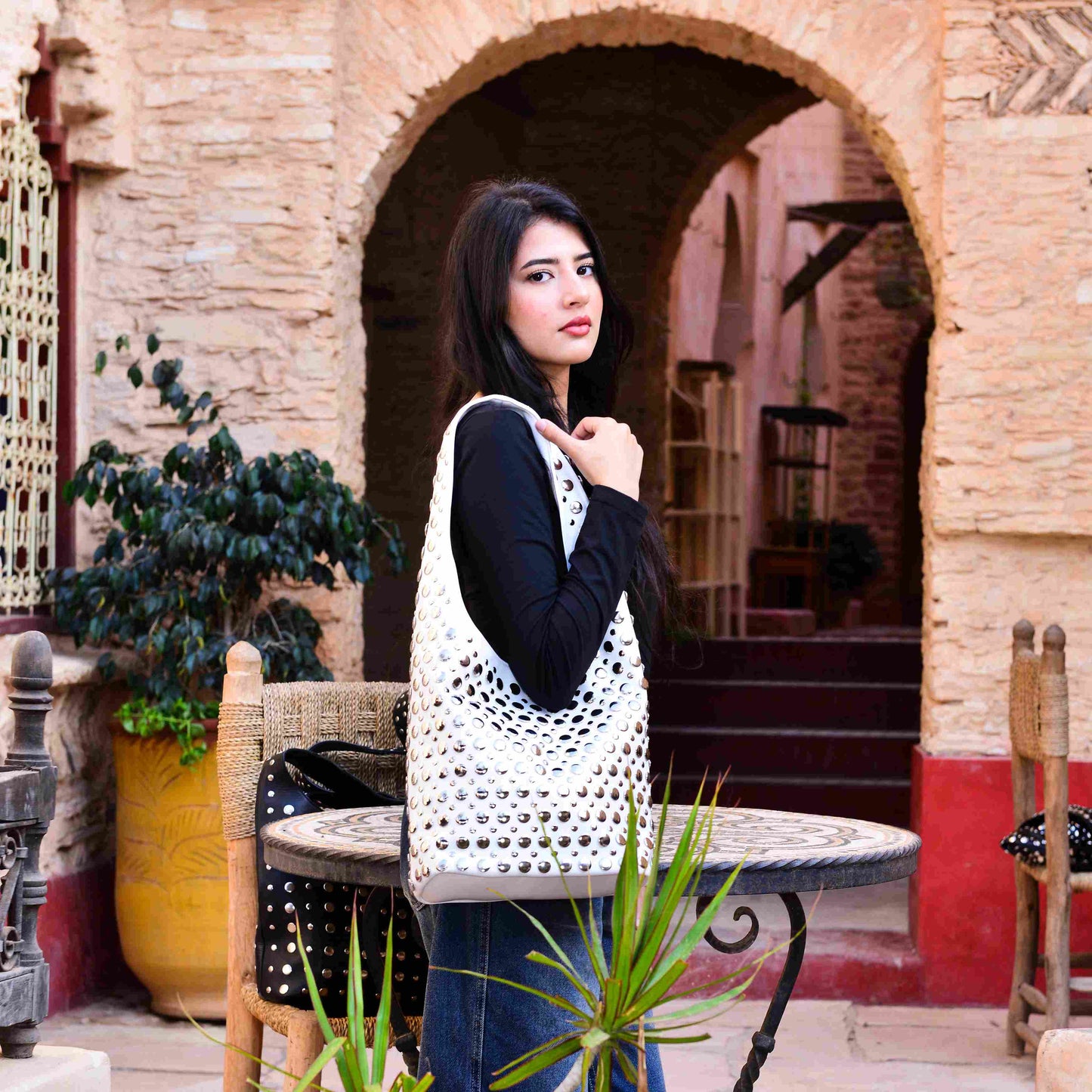 Studded PU Leather Shoulder Bag ,Bold Sleek and Confident