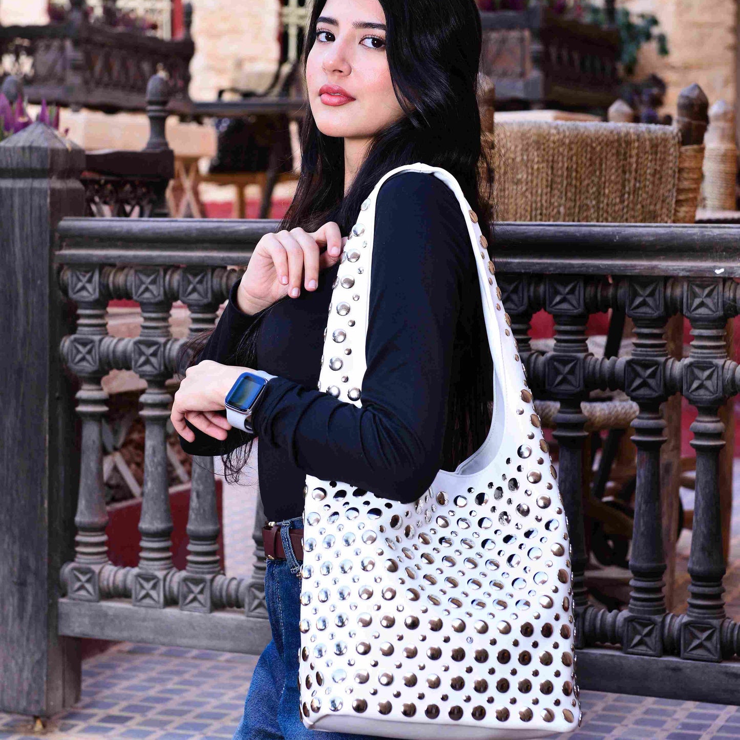 Studded PU Leather Shoulder Bag ,Bold Sleek and Confident