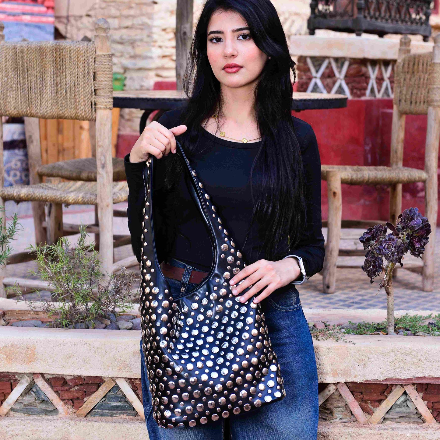 Studded PU Leather Shoulder Bag ,Bold Sleek and Confident