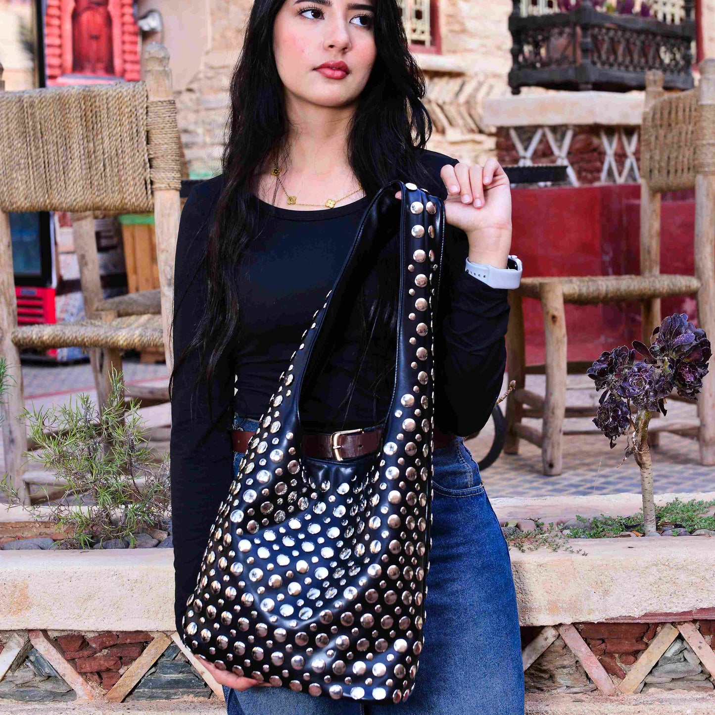 Studded PU Leather Shoulder Bag ,Bold Sleek and Confident