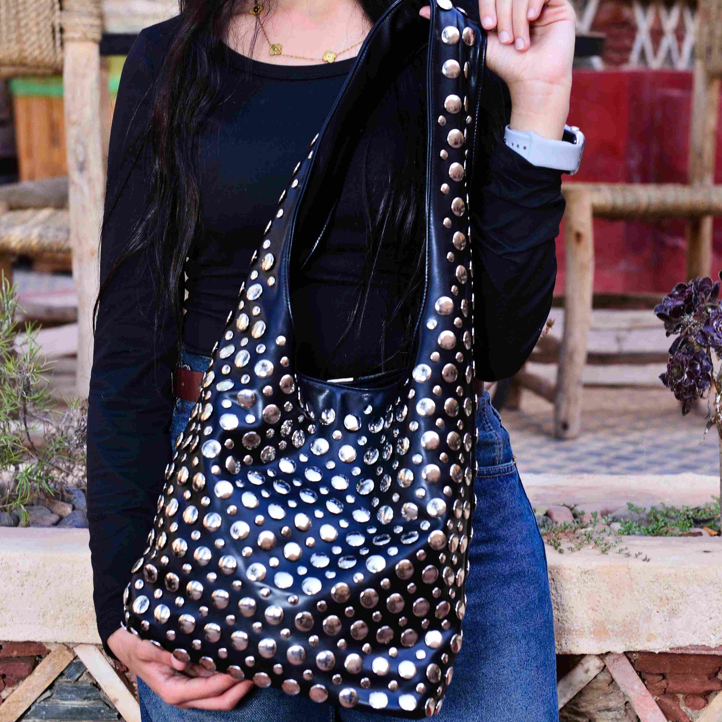 Studded PU Leather Shoulder Bag ,Bold Sleek and Confident