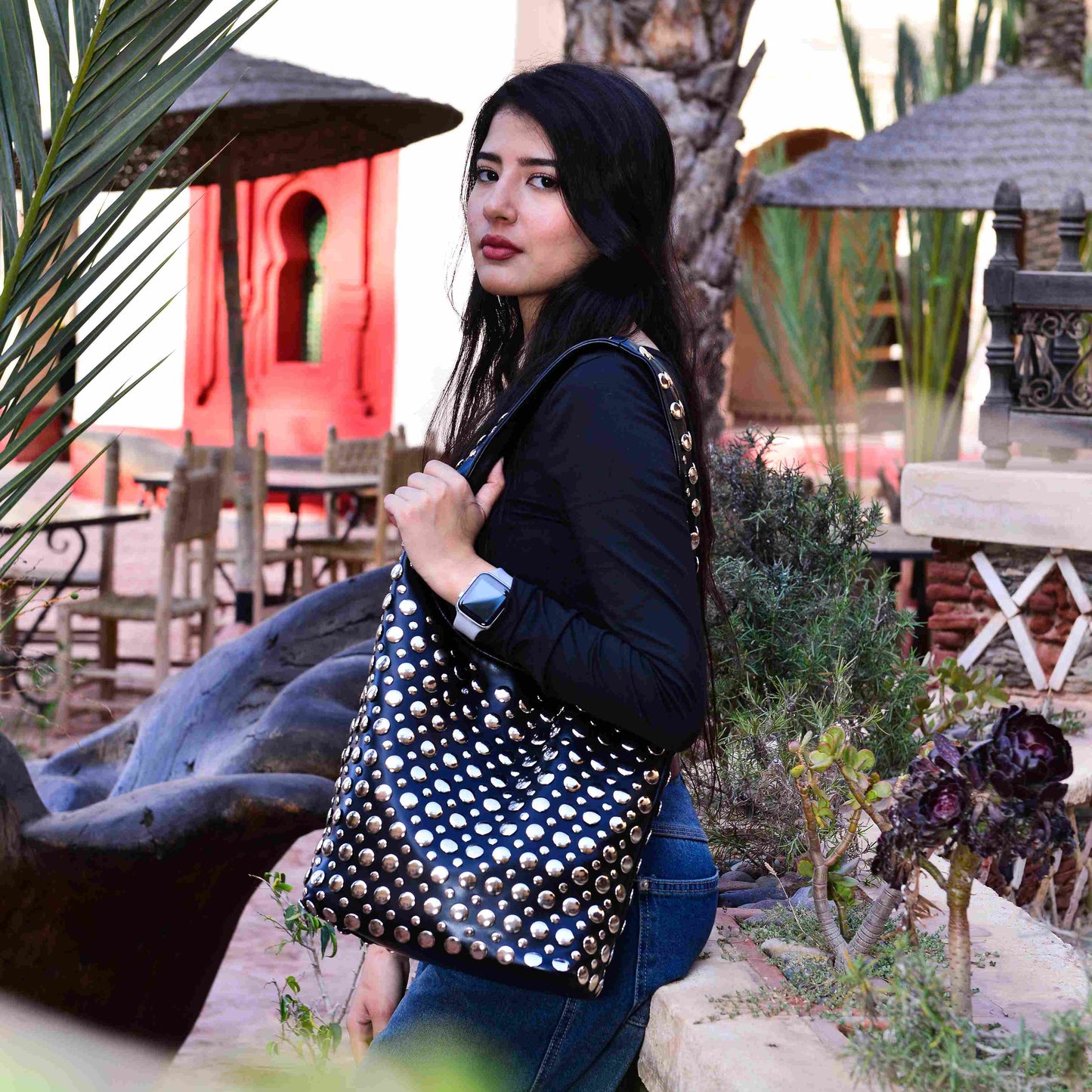 Studded PU Leather Shoulder Bag ,Bold Sleek and Confident