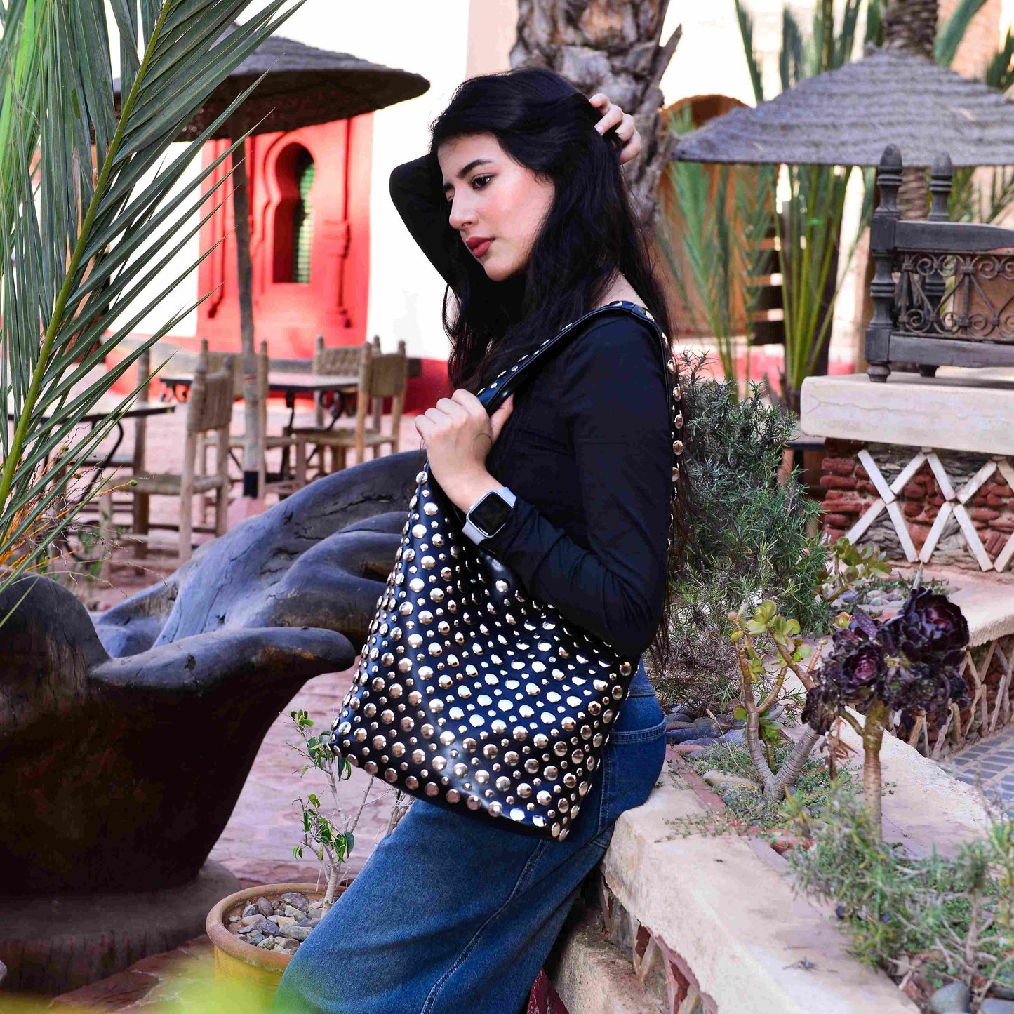 Studded PU Leather Shoulder Bag ,Bold Sleek and Confident