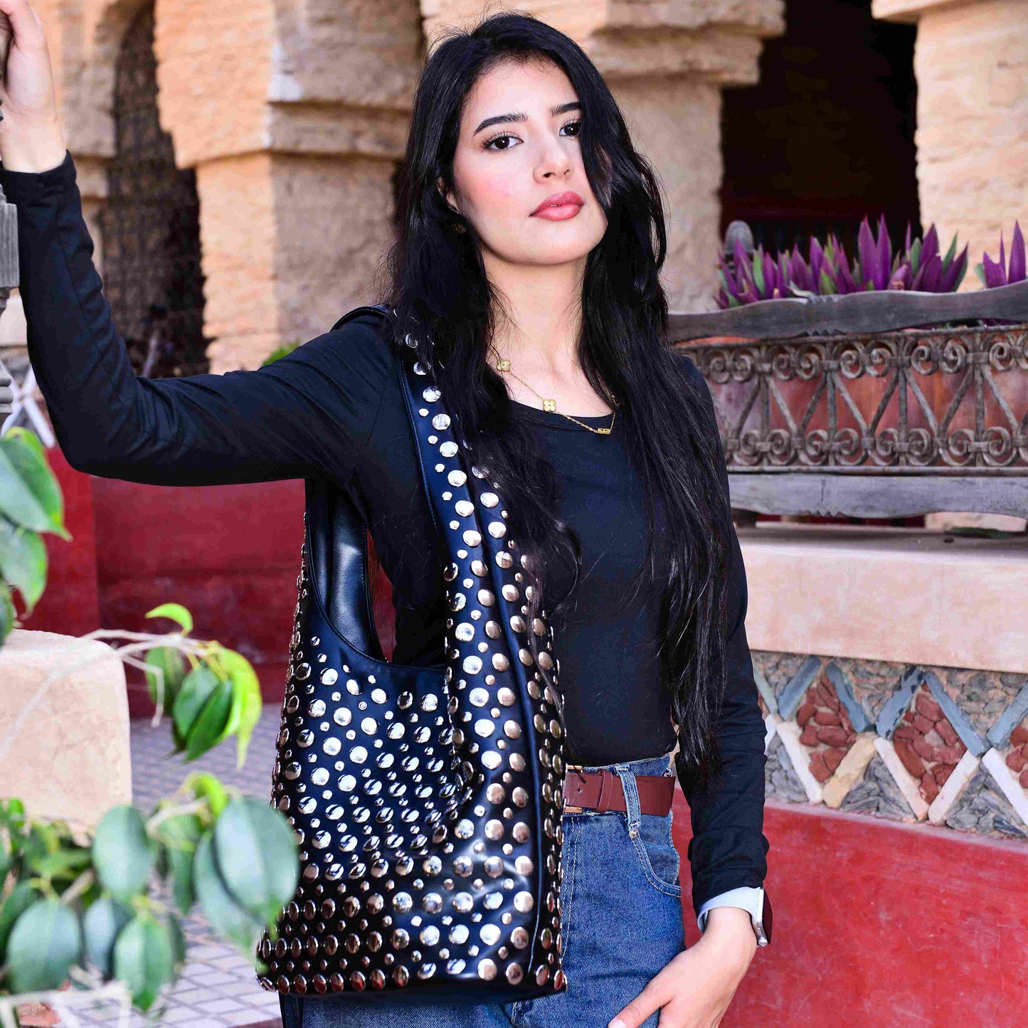 Studded PU Leather Shoulder Bag ,Bold Sleek and Confident