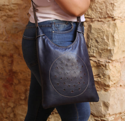 Navy Blue Leather Messenger Bag