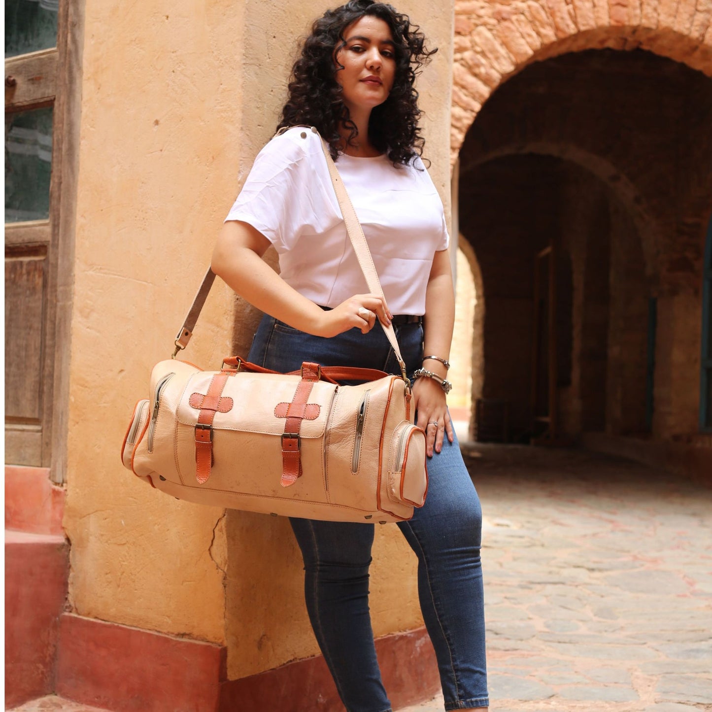 Beige Leather Travel Bag