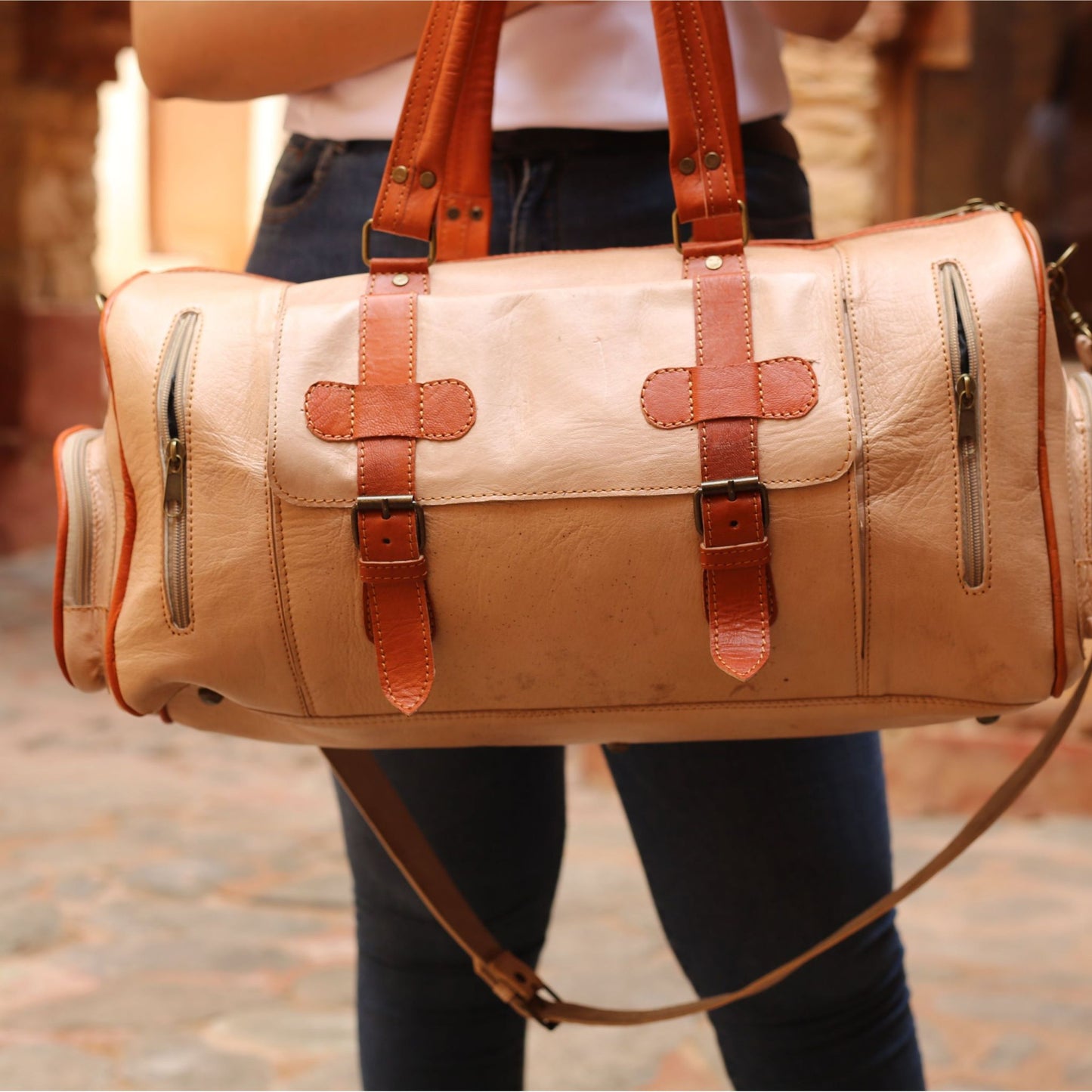 Beige Leather Travel Bag