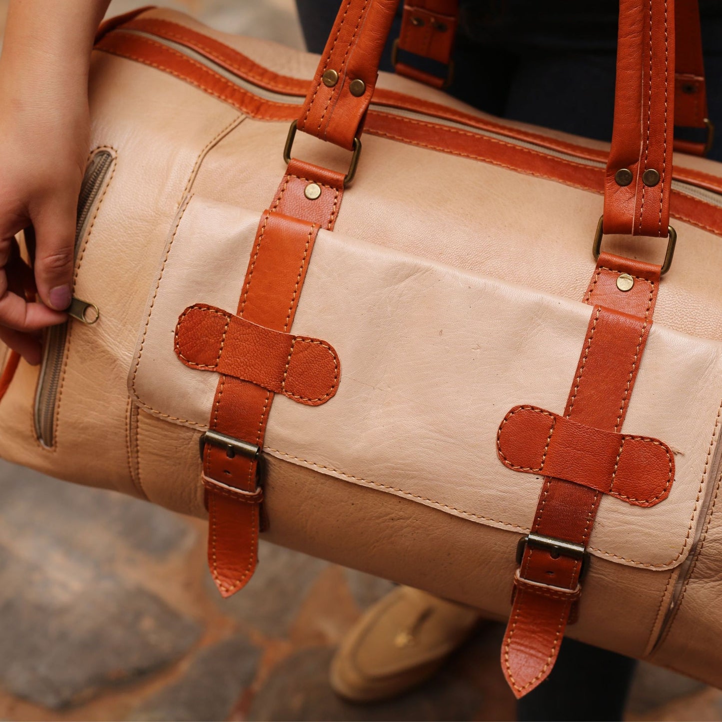 Beige Leather Travel Bag