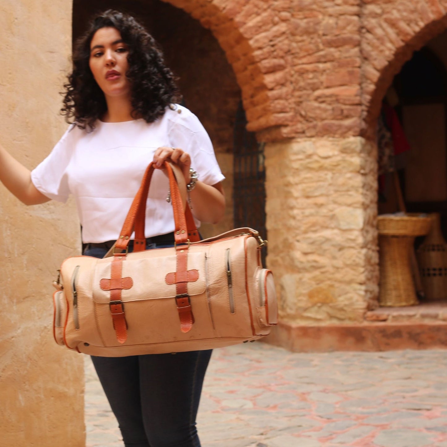 Beige Leather Travel Bag