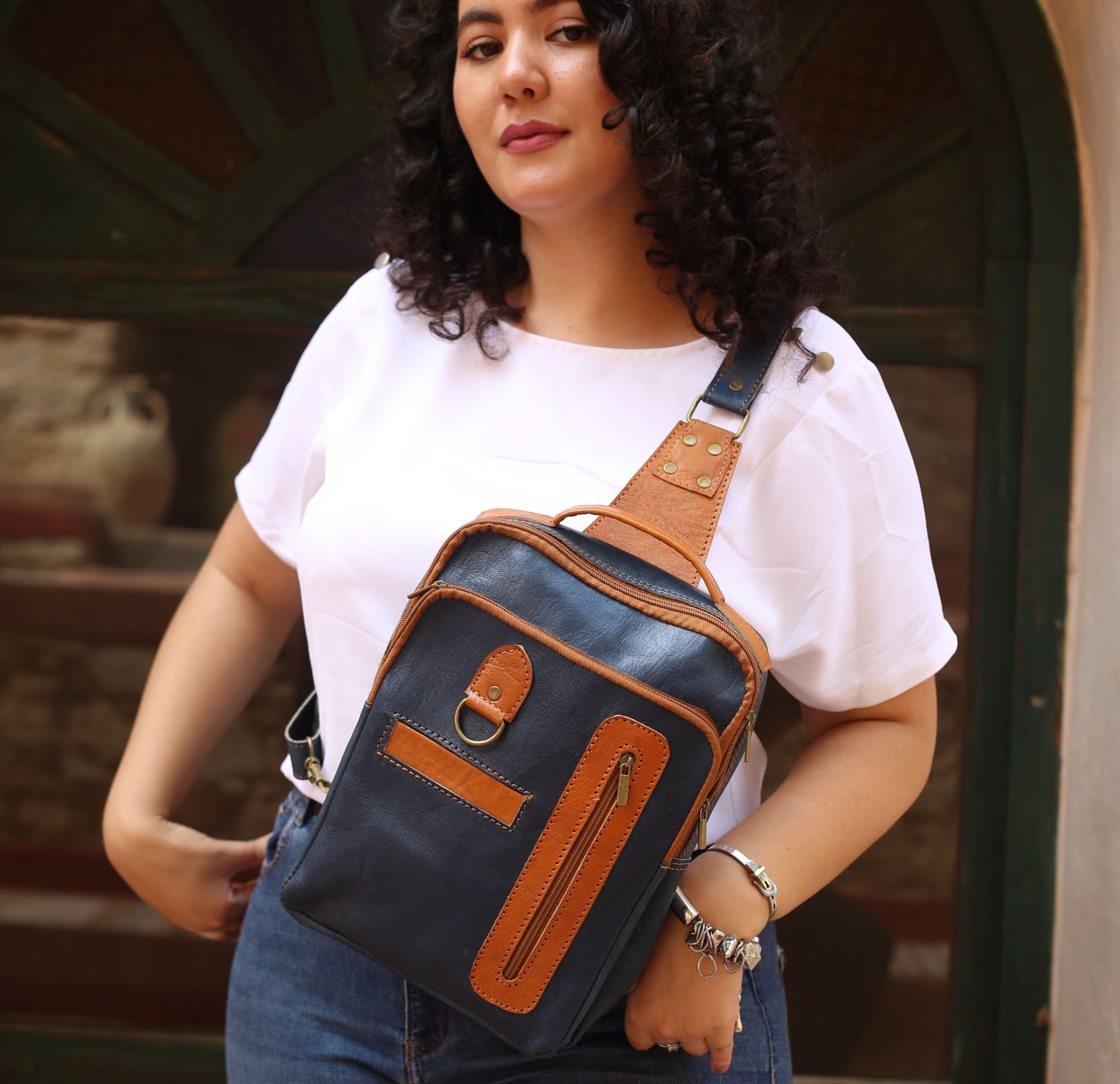 Navy Blue Leather Crossbody Bag