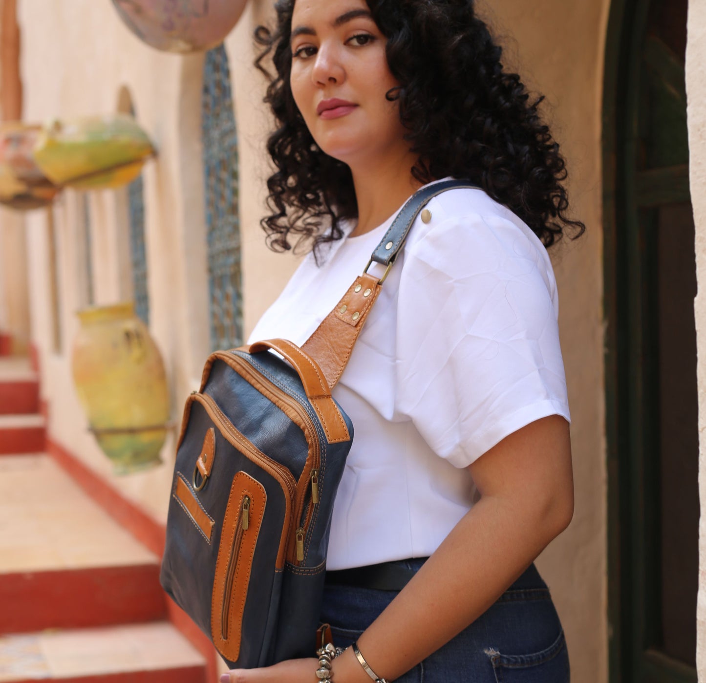 Navy Blue Leather Crossbody Bag
